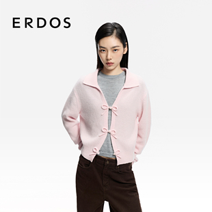 仿珍珠蝴蝶结扣装 26年早春新品 饰外套 翻领单畦女士羊绒开衫 ERDOS