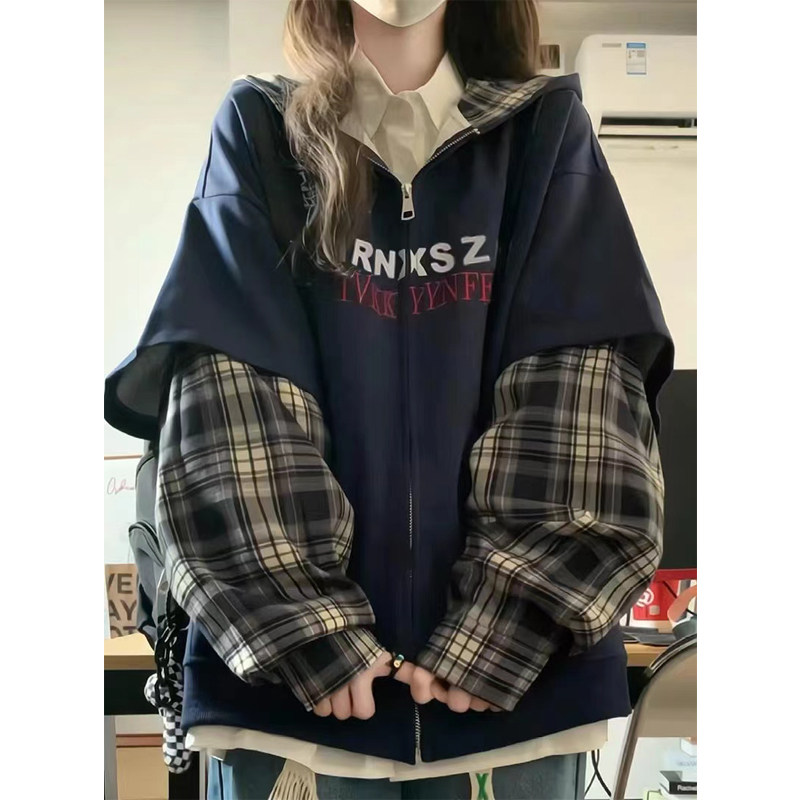 NEXT Renmei美式假两件格子连帽运动衫女春秋设计感秋冬加绒加厚