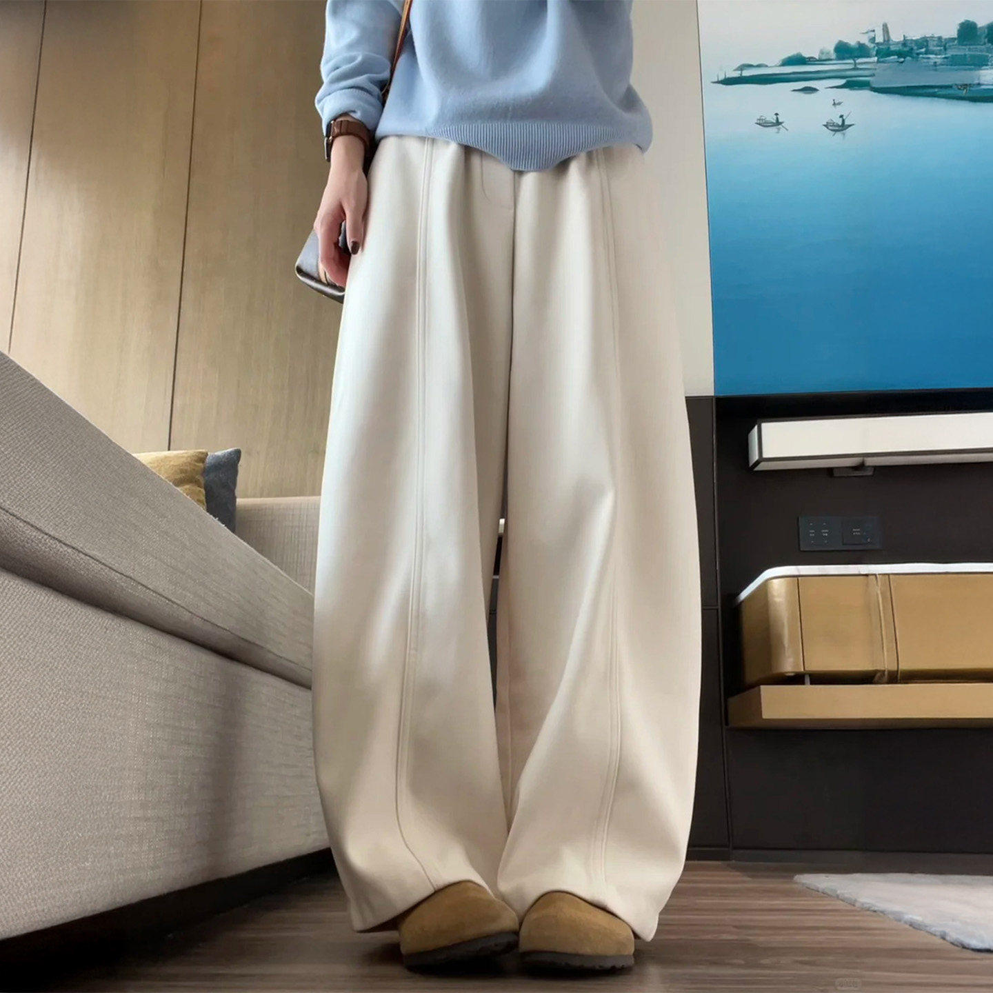 NEXT Renmei米白色复古弯刀休闲裤女2026秋季新款大尺码胖mm高腰
