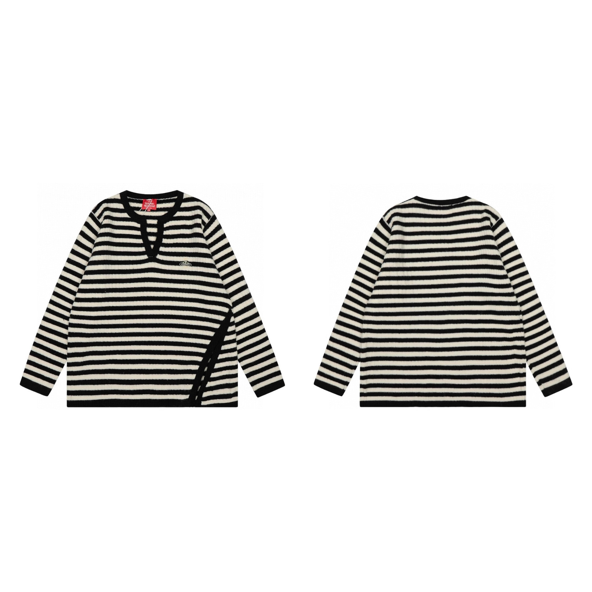 2025西太后土星ss秋冬新款VIVI刺绣小V领宽松基础细条纹长袖