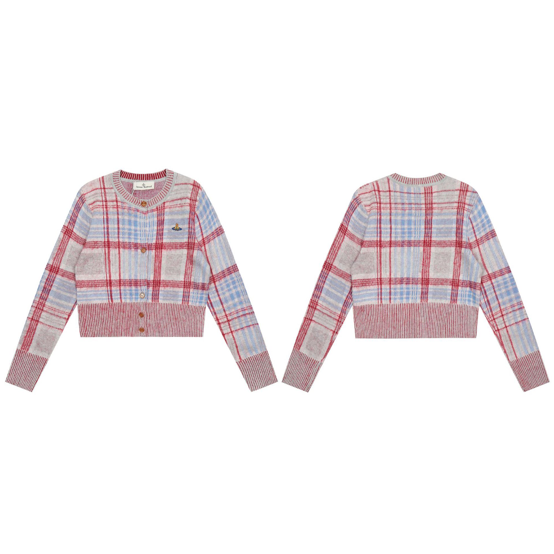 2025西太后土星24ss秋季潮vivi刺绣圆领复古格纹印花针织毛衣开衫