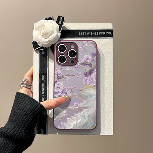 「绛烟·栖碧」新中式适用于苹果iphone16手机壳国风15promax玻璃壳14pro紫粉烟霞13pro玉色12云上水11高级感