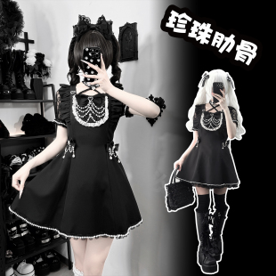 铭酒学园y2k亚文化蕾系蕾服黑色珍珠链蕾丝夏季短袖连衣裙两件套