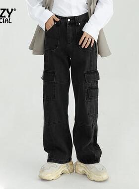 ZFZY美式复古水洗多口袋工装牛仔裤男潮牌宽松直筒阔腿拖地长裤子