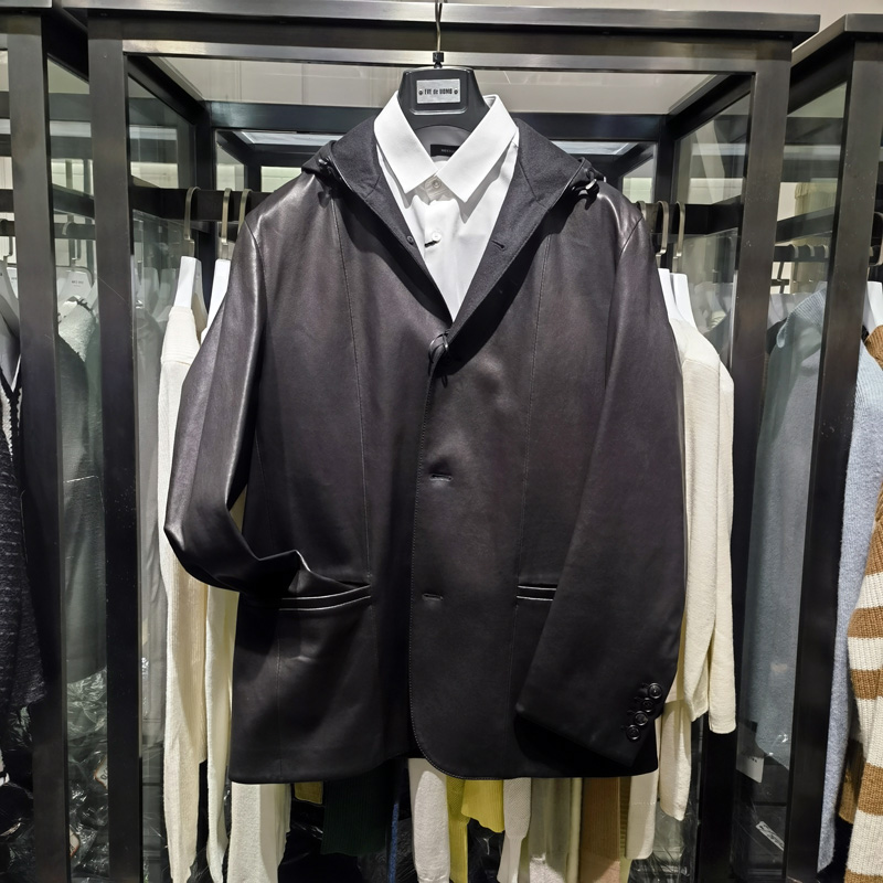 高端时尚连帽皮衣男士休闲帅气绵羊皮外套保暖商务皮夹克诺丁山