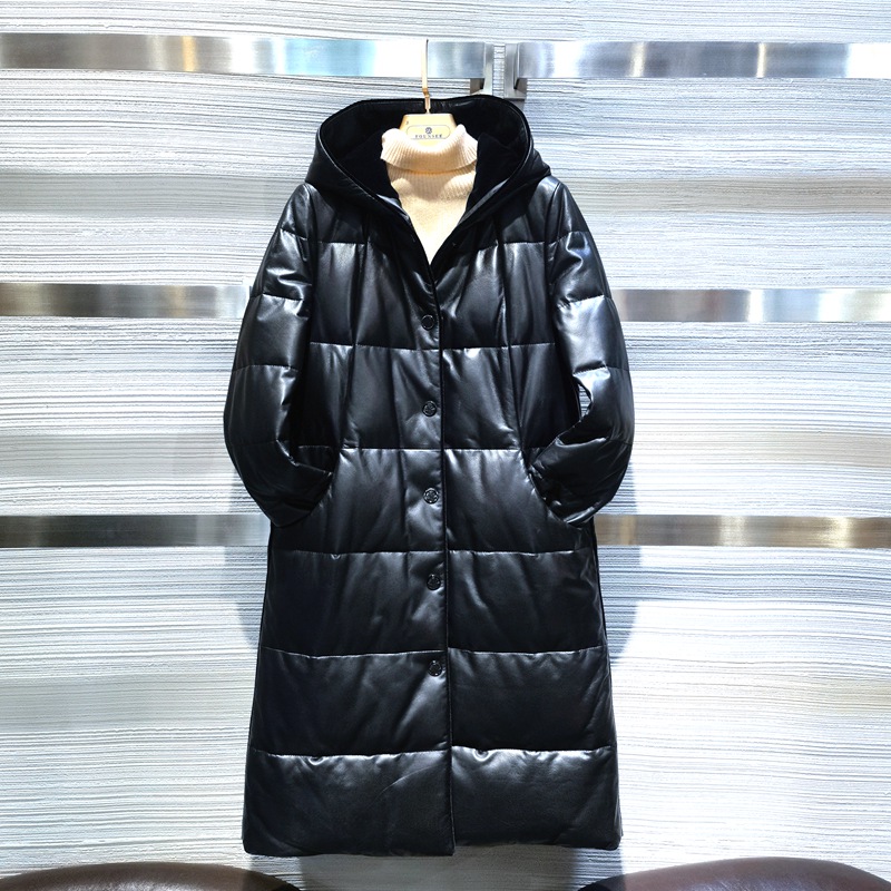 长款时尚连帽真皮羊皮衣女士冬季淑女保暖皮羽绒服皮袄外套 方仕