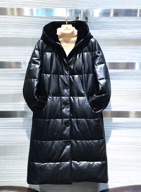 长款时尚连帽真皮羊皮衣女士冬季淑女保暖皮羽绒服皮袄外套 方仕