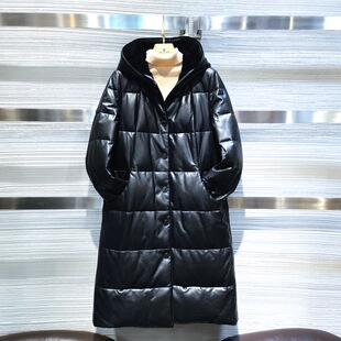 淑女保暖皮羽绒服皮袄外套 连帽真皮羊皮衣女士冬季 方仕 时尚 长款