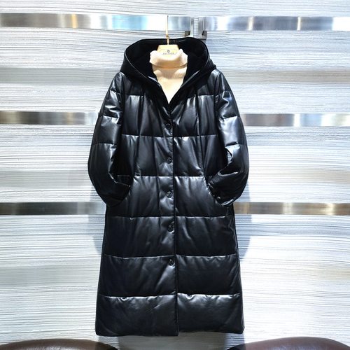长款时尚连帽真皮羊皮衣女士冬季淑女保暖皮羽绒服皮袄外套 方仕