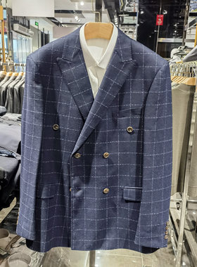 高端羊毛面料商务正装西服男士双排扣时尚帅气大格子西装套装依文