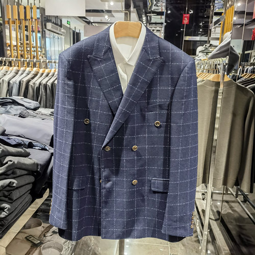 高端羊毛面料商务正装西服男士双排扣时尚帅气大格子西装套装依文