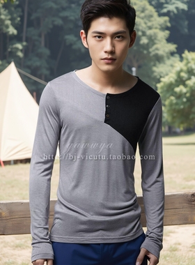 天丝秋透气舒适撞色亨利领学生男长袖T恤罗马世家&CITING正品