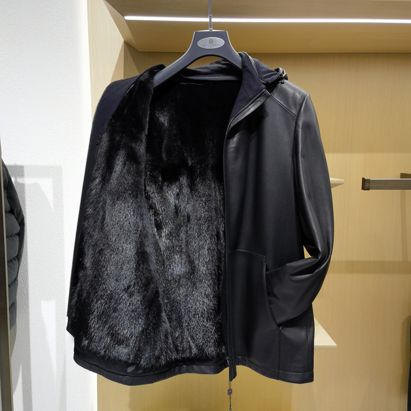 高端可卸连帽水貂毛皮裘皮真皮草男冬季新款羊皮保暖外套法莱凯帝