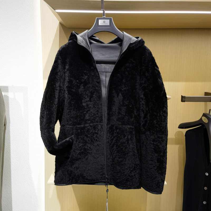 高端两面穿时尚连帽皮毛一体男冬季新款真羊皮裘皮草保暖外套方仕