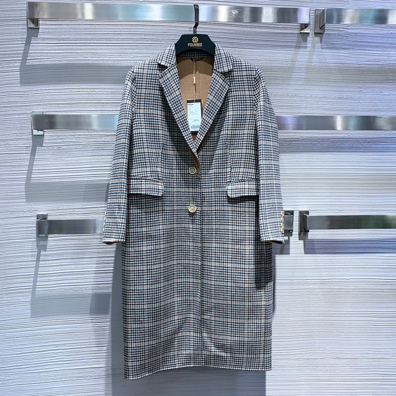 纯羊毛双面呢长款大衣淑女秋冬新款时尚保暖千鸟格呢子外套 方仕