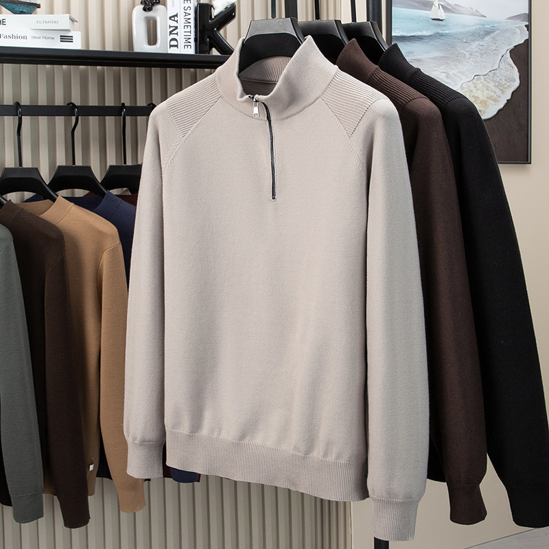 高端秋冬新款拉链半高领羊毛混纺毛衣男时尚麻花工艺套头休闲毛衫