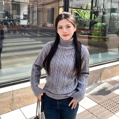 大眼LARGE EYE 麻花加厚高领毛衣女冬紧身慵懒风针织打底衫上衣潮