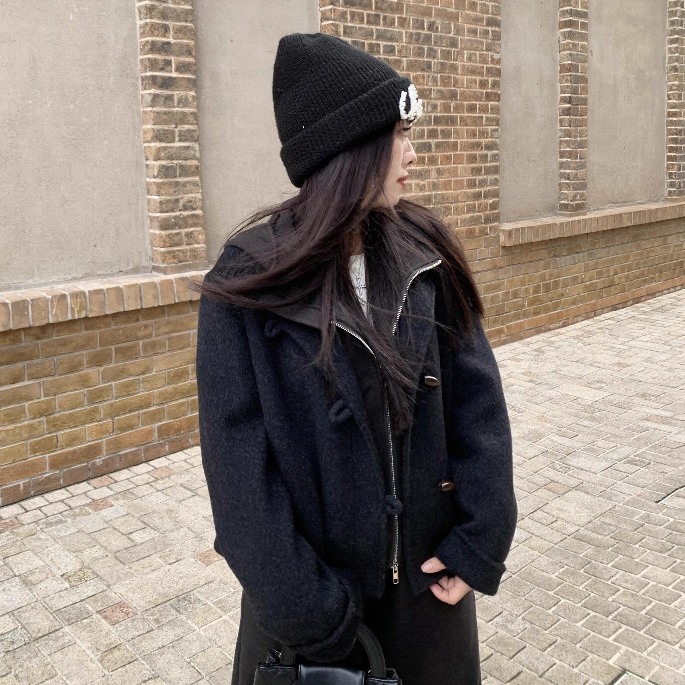 大眼LARGE EYE 小个子牛角扣双面羊毛大衣女短款保暖百搭版型超好