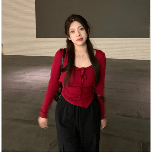 大眼LARGE EYE 莓果微萃 美式蝴蝶结V领防晒衬衣辣妹不规则T恤