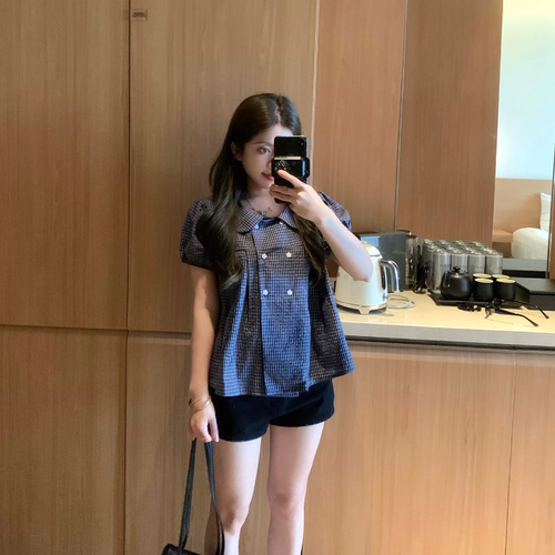 大眼LARGE EYE 海风来信 小个子双排纽扣格子娃娃领短袖衬衫上衣