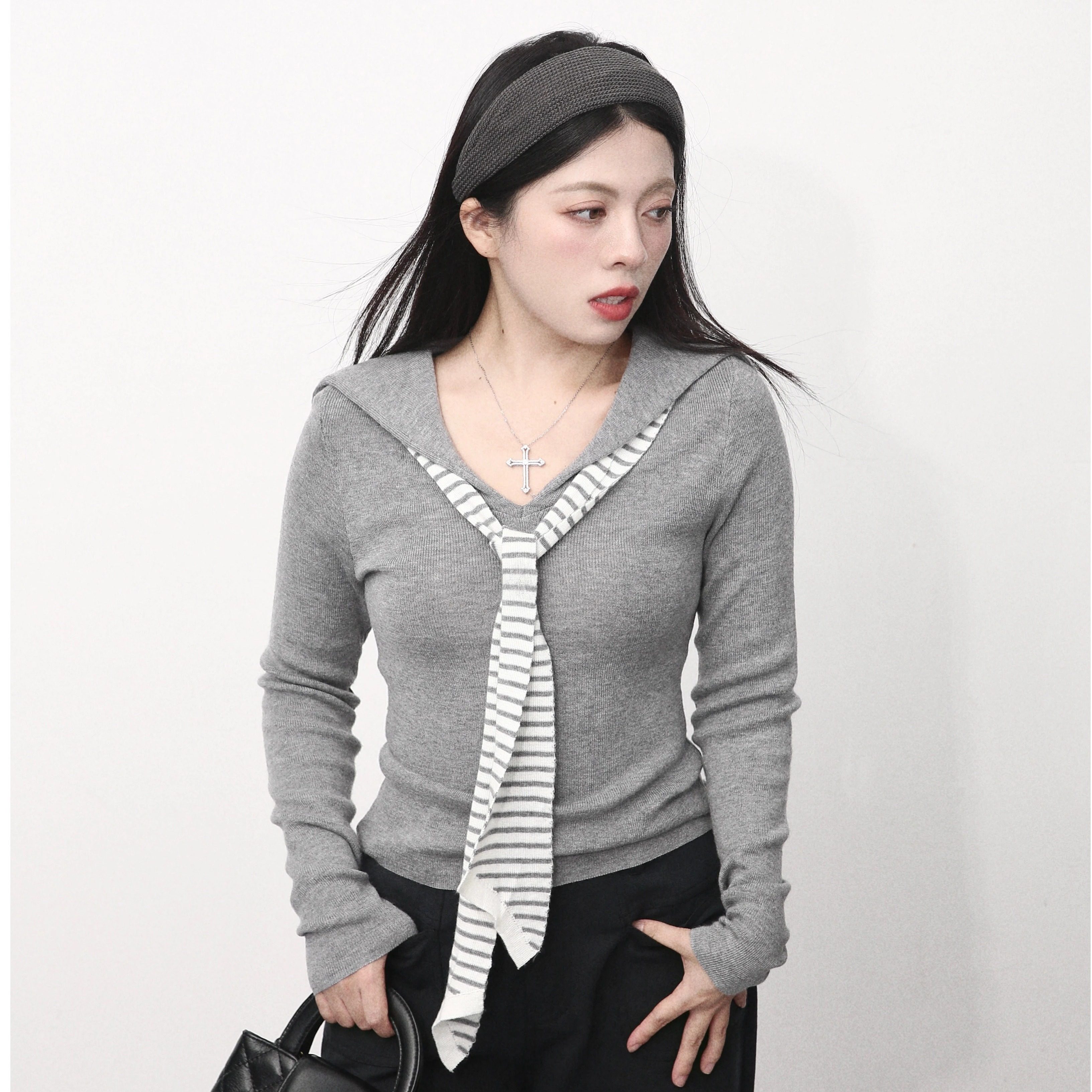 大眼LARGE EYE 海军领披肩针织衫减龄v领黄色显瘦上衣小个子春秋