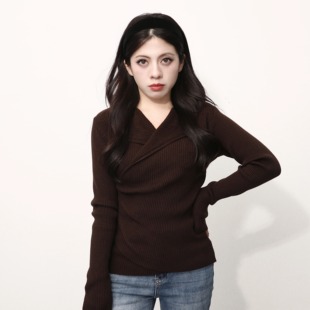 女毛衣秋冬上衣显瘦新 小个子多层次V领交叉针织衫 大眼LARGE EYE