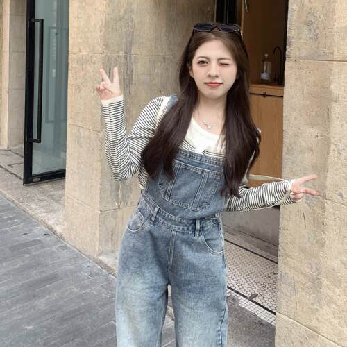 大眼LARGE EYE高腰显瘦牛仔背带裤150小个子减龄复古水洗直筒裤