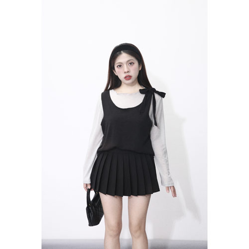 大眼LARGE EYE  不规则蝴蝶结吊带针织衫木耳边亲肤打底衫两件套