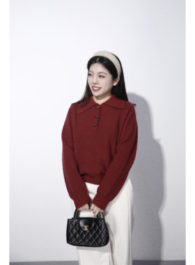 大眼LARGE EYE  圣诞木扣红色毛衣小个子氛围感百搭翻领上衣春节