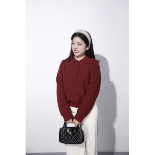 大眼LARGE 圣诞木扣红色毛衣小个子氛围感百搭翻领上衣春节 EYE