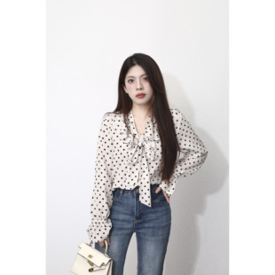 街头 意式 蝴蝶结雪纺长袖 上衣法式 通勤秋 大眼LARGE 波点衬衫 EYE