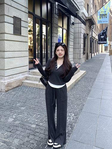 大眼Large eye早秋季新品150小个子假两件上衣直筒裤休闲套装