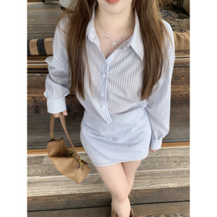 小个子蓝色衬衫 早安春天 裙高级感竖条连衣裙ins EYE 大眼LARGE
