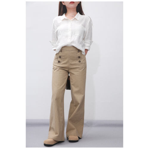 大眼LARGE EYE 小个子复古美拉德式显高休闲裤卡其色双排扣阔腿裤
