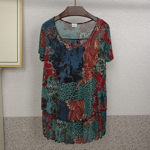 断码清仓 夏女装加捻真丝针织宽松印花短袖上衣\桑蚕丝中长T恤