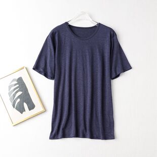 夏季男士真丝亚麻短袖T恤宽松半袖休闲纯色圆领打底上衣薄款睡衣