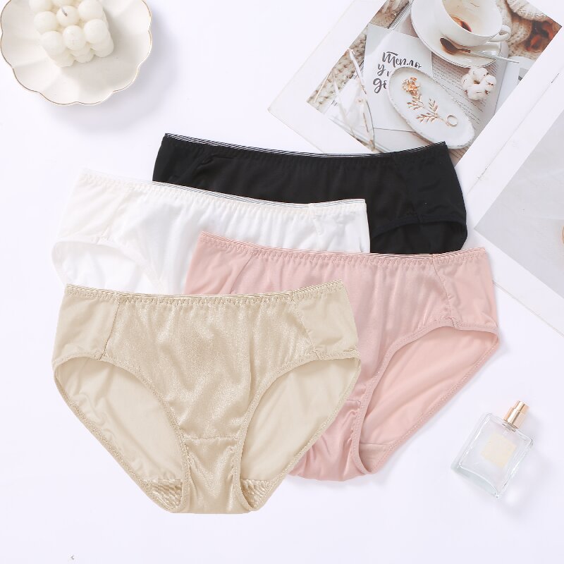 夏季女高档缎面真丝三角裤桑蚕丝性感中腰透气内裤短裤