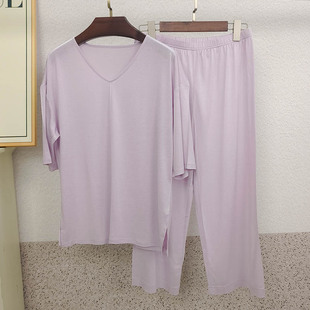 春夏女絹絲真絲針織薄款 家居服 100%桑蠶絲V領(lǐng)套頭七分褲 睡衣套裝