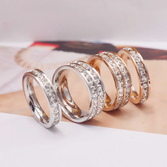 欧美韩国镀18k玫瑰金双排彩金满钻时尚闪钻戒指女指环钛钢不褪色