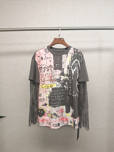 仅换码 大牌h专柜25春款 上衣 涂鸦设计拼接蕾丝袖 13795 福利