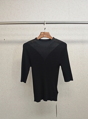 大牌h专柜25夏款＆半高领微透视薄纱性感短袖针织衫 15041