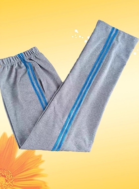 定制中学生四季校服裤子长裤浅灰色拼两道湖蓝条休闲裤加绒加厚
