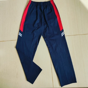 直筒 子男女高腰运动裤 四季 藏蓝拼上暗红宽杠下俩短白条学生校服裤
