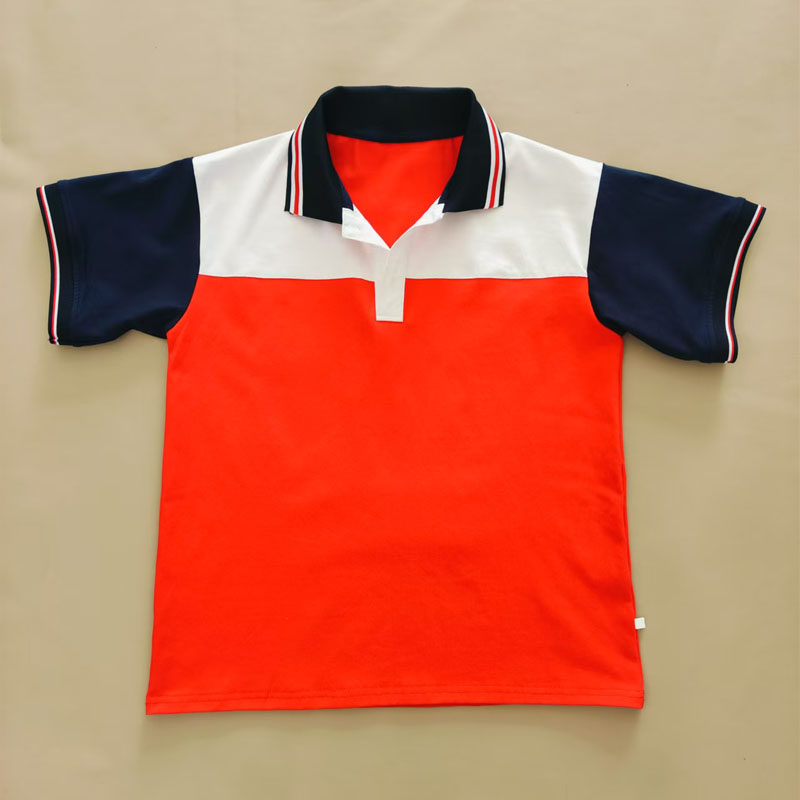 白色拼大红色校服短袖藏蓝领上白红白条男女通用T恤班服POLO衫棉