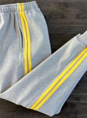 秋冬中小学生校服裤子长裤浅灰色两道浅黄色条收口运动休闲裤加绒