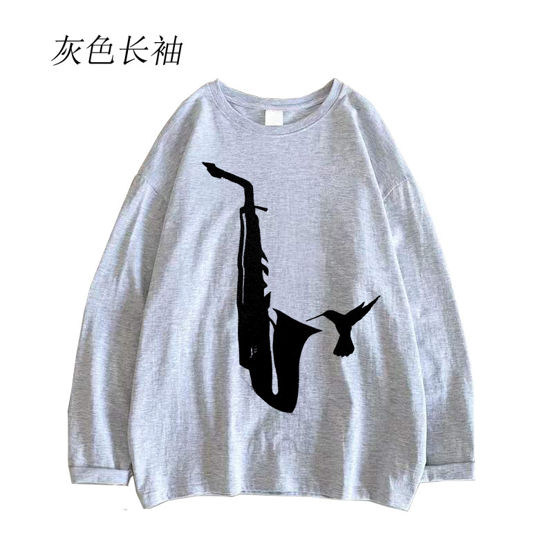 jazz music爵士音乐摇滚趣味手绘印花文艺风男女灰色长袖T恤