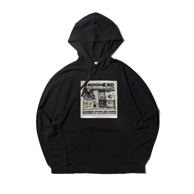 oasis radiohead smashing pumpkins复古摇滚乐贴布印花加绒帽衫