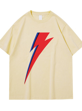 david bowie 大卫鲍伊 红蓝闪电图案印花 夏季透气柔软 短袖杏色t
