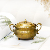 印度进口黄铜镀银手工双耳把手满雕花含盖糖果收纳盒 收纳罐摆件