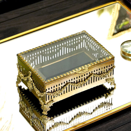 欧式复古手工做旧铜边玻璃展示首饰盒印度进口古典中古风收纳盒